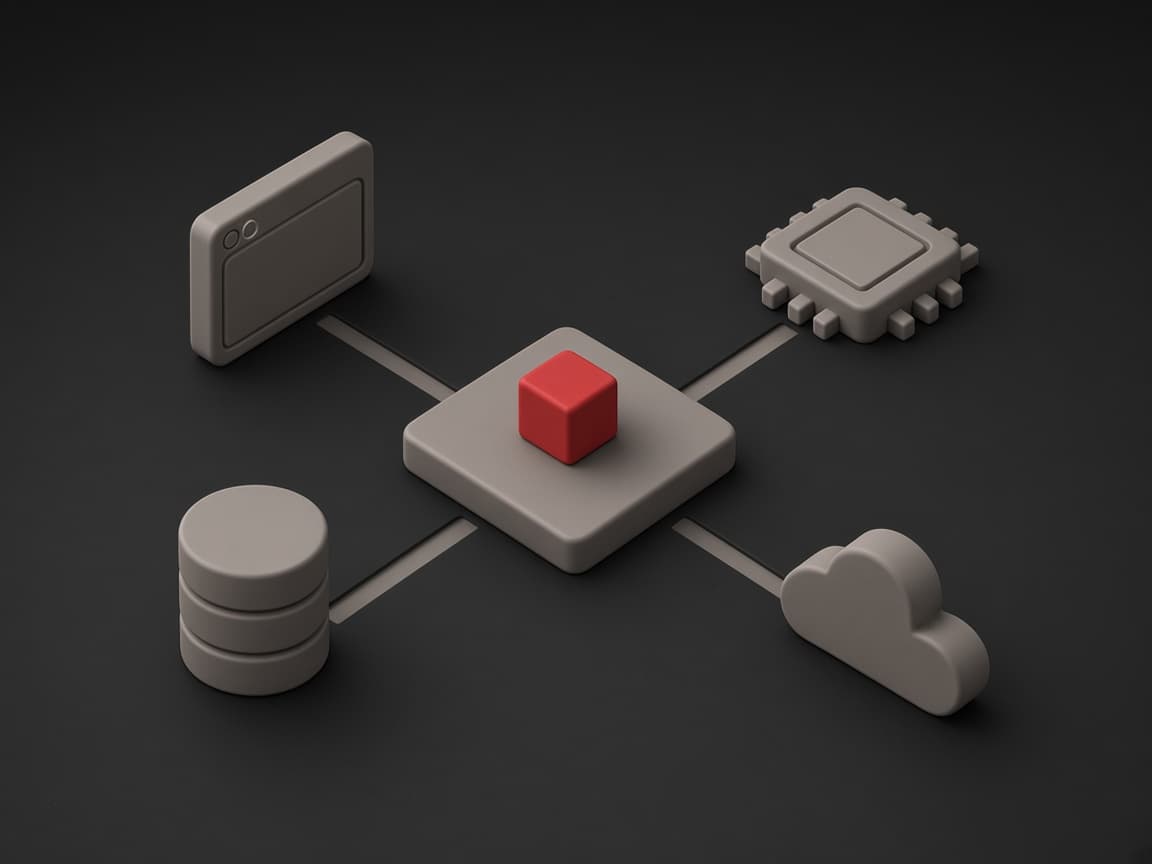 A red idea cube sending light to app, AI, data and cloud modules: ideas turned into intelligent technology