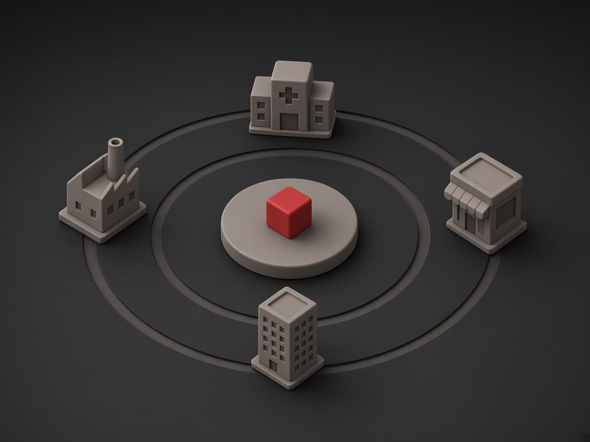 A red idea cube at the centre of an orbit, with a factory, hospital, shop and office tower lighting up around it: businesses turning ideas into impact with LasMind