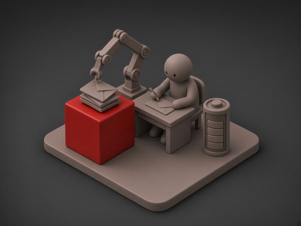Today: an exhausted worker faces a mountain of envelopes beside a near-empty battery. With LasMind: a robot arm files the envelopes into a red cube, the battery is full and the worker focuses on one task.