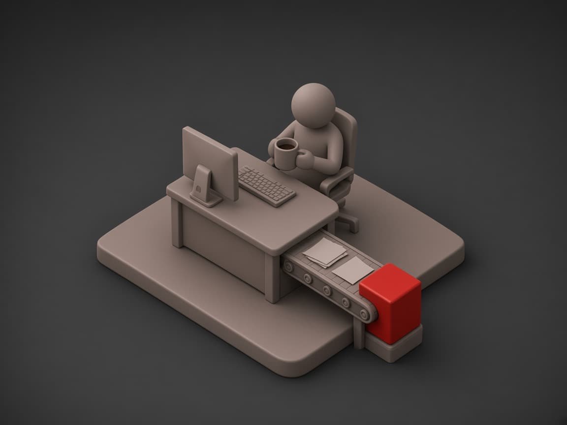 Today: a worker slumped at a desk buried in paper stacks. With LasMind: the desk is clear, a conveyor carries papers into a red cube and the worker relaxes with a coffee.