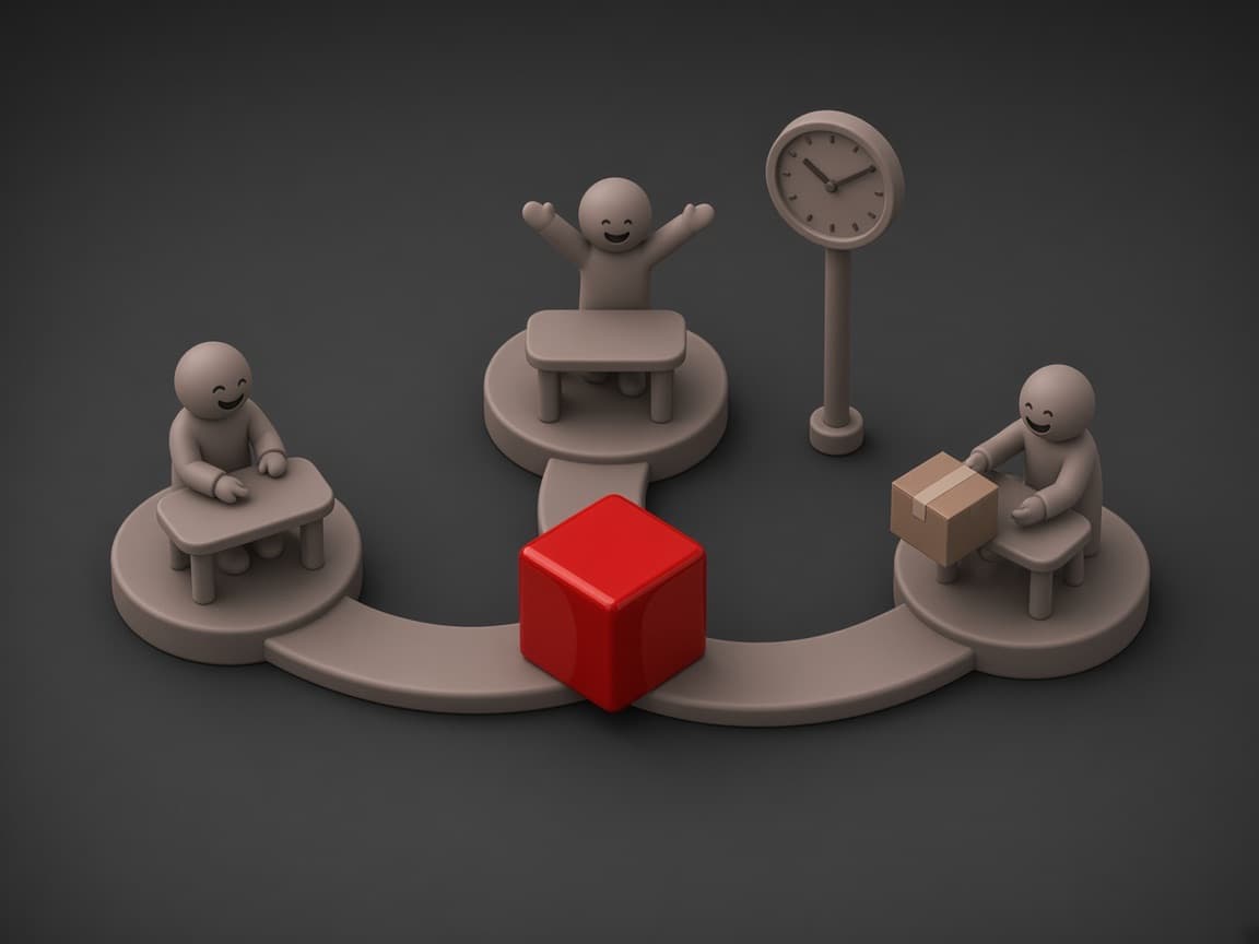 Today: three workers wait at separate desks while a parcel sits stuck between them. With LasMind: a track through a red cube hub carries the parcel desk to desk and everyone smiles.