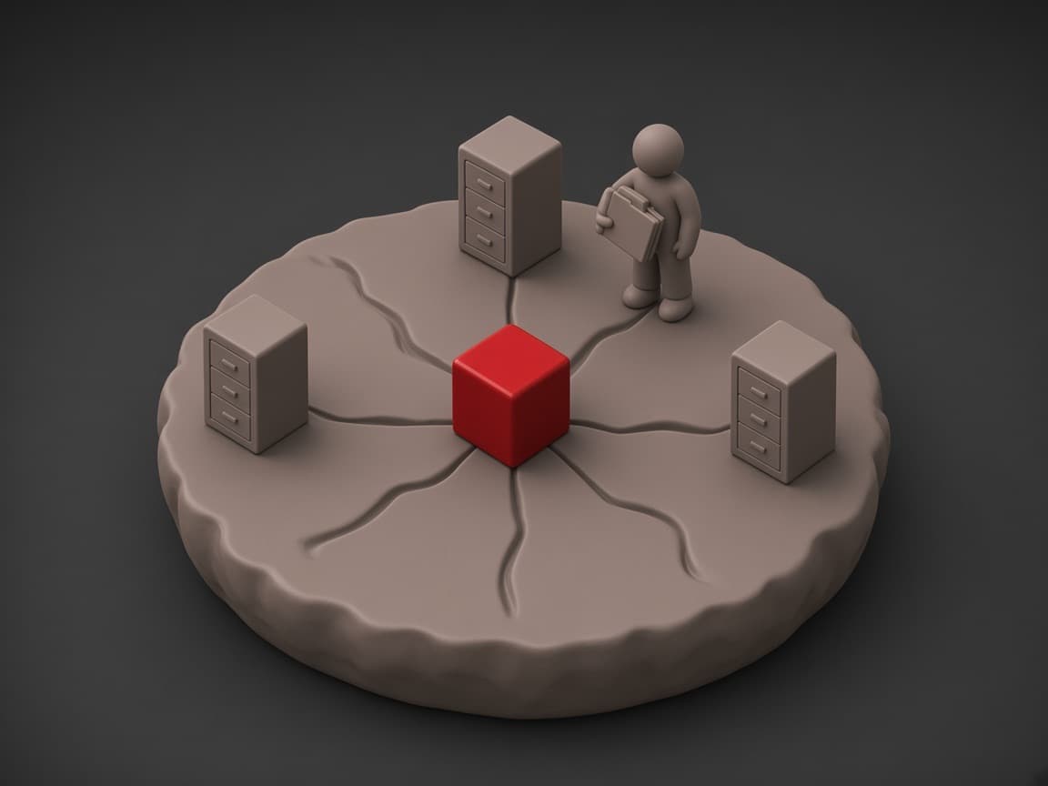 Today: a worker leaps between filing cabinets on separate floating islands. With LasMind: the cabinets share one platform, each linked by a groove to a central red cube.
