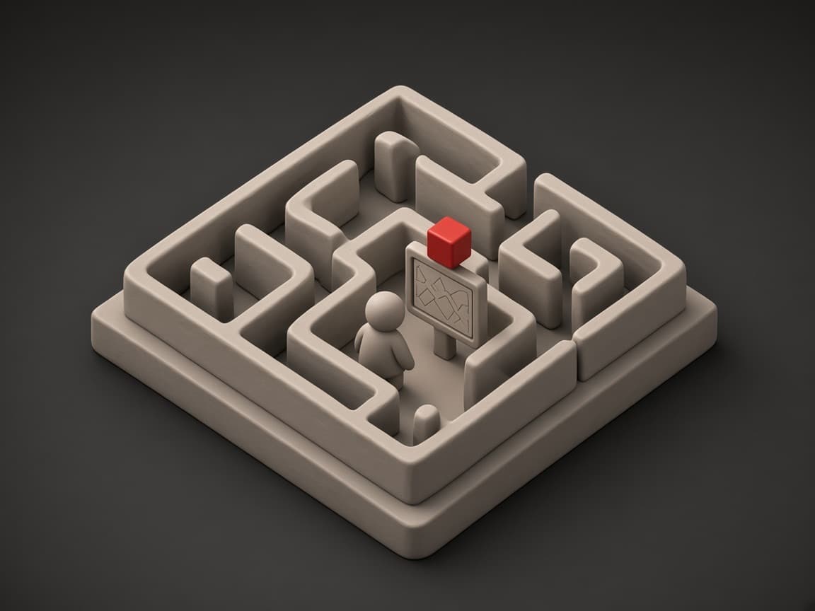 Today: a worker peers into a dark maze holding a small torch. With LasMind: the maze is fully lit and the worker reads a map screen topped with a red cube.