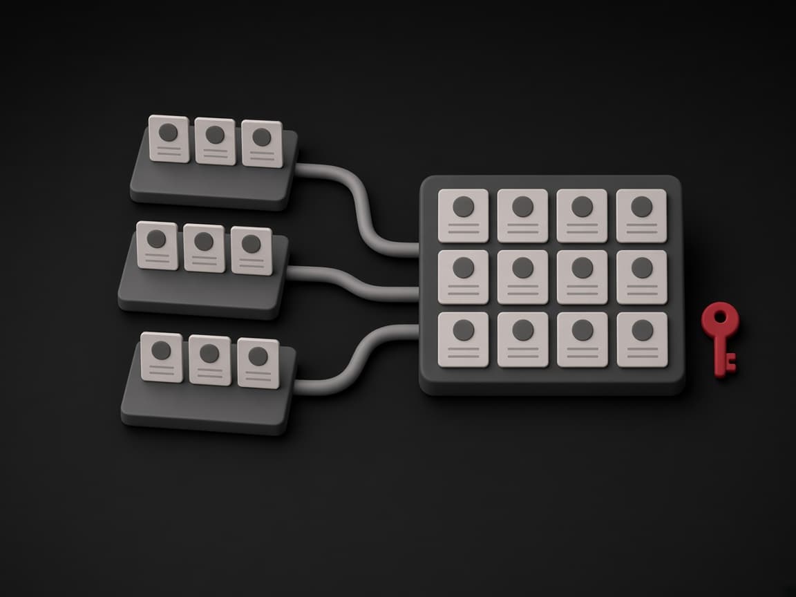 Three disconnected HR record trays cabled into one synced employee grid
