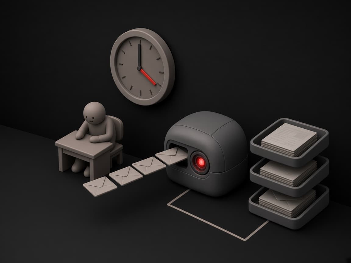A heap of emails and PDFs replaced by an AI assistant sorting them into three tidy trays