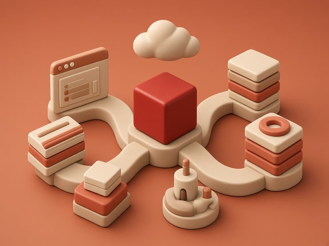 Stacked web and SaaS clay building blocks assembling around a glossy red cube