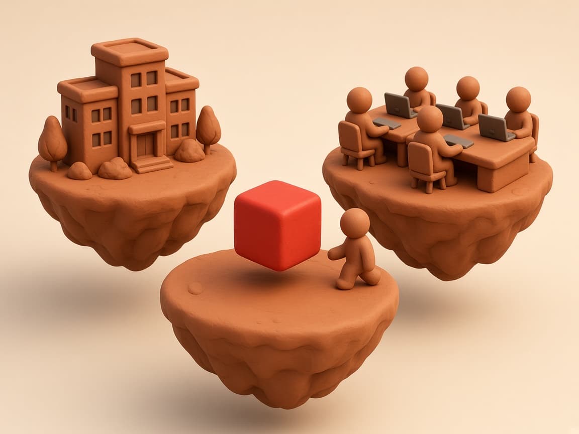 Three clay engagement islands — managed centre, dedicated desk, and augmented engineer — around a glossy red cube