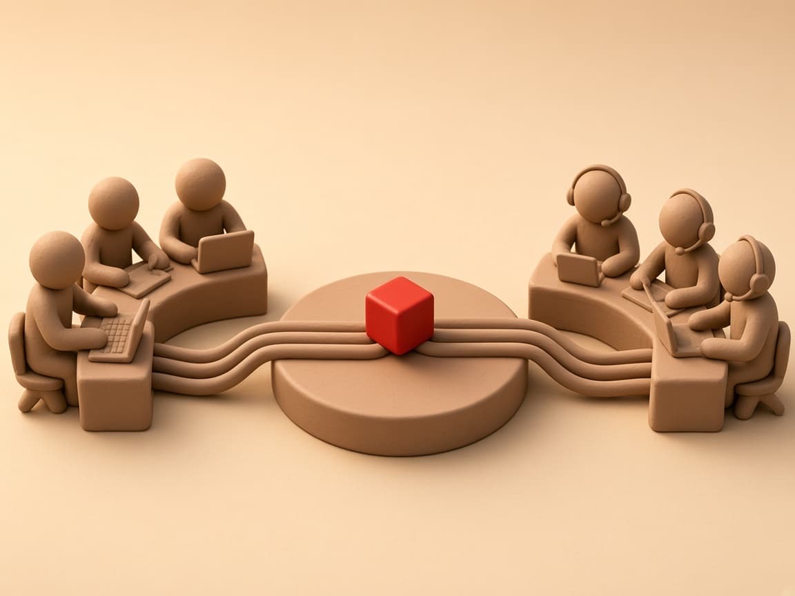 A local product team and an India engineering pod linked by clay pipes to a glossy red cube on a round platform