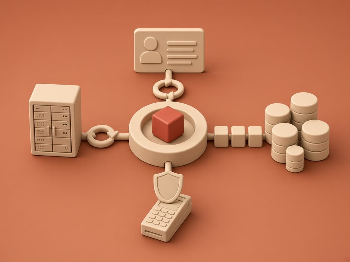 ERP, CRM, API and database clay blocks piped into a central glossy red cube