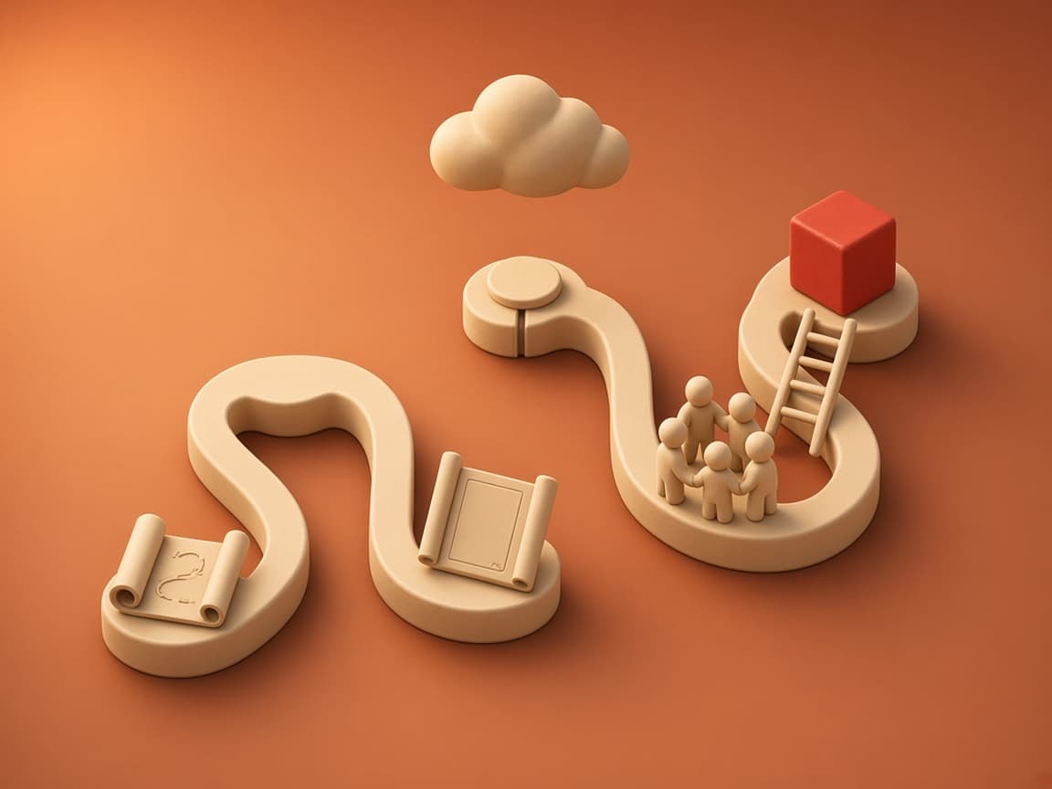 A four-step clay path past a scroll, tablet and team ending at a glossy red cube under a clay cloud