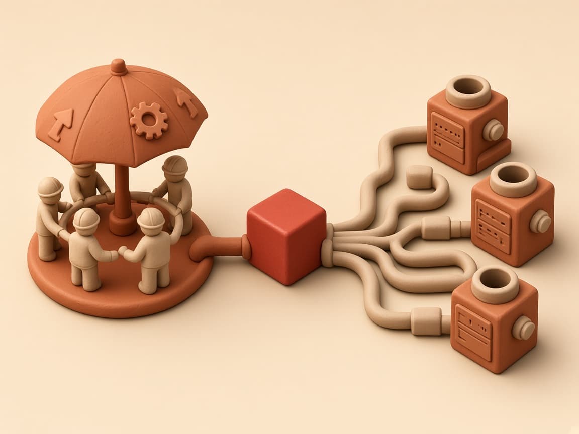 A delivery-model team and integration pipes joining at a central glossy red cube hub