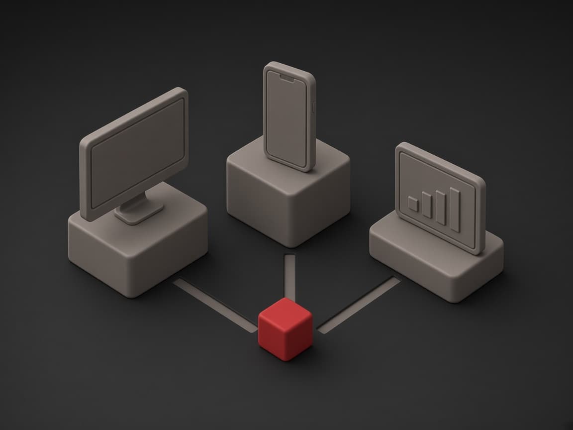 A red idea cube lighting up a website screen, a mobile app and a dashboard on gallery pedestals: work LasMind is proud of