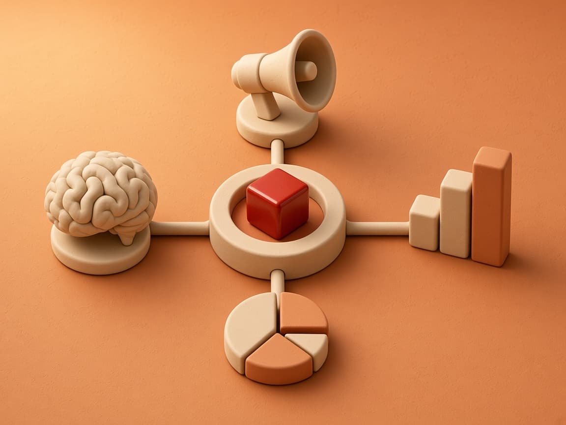 A megaphone, chatbot brain and analytics chart piped into a central glossy red cube