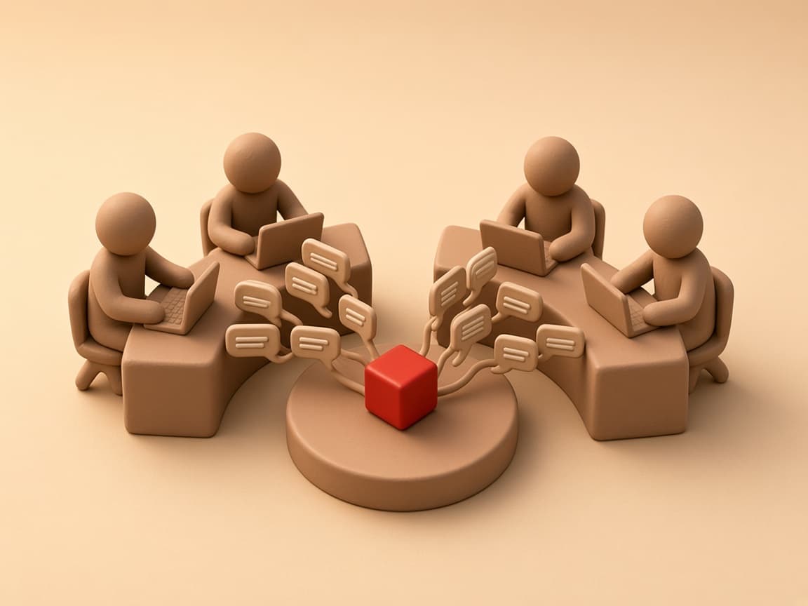 Three clay agents around a shared inbox dashboard with chat bubbles flowing into a glossy red cube