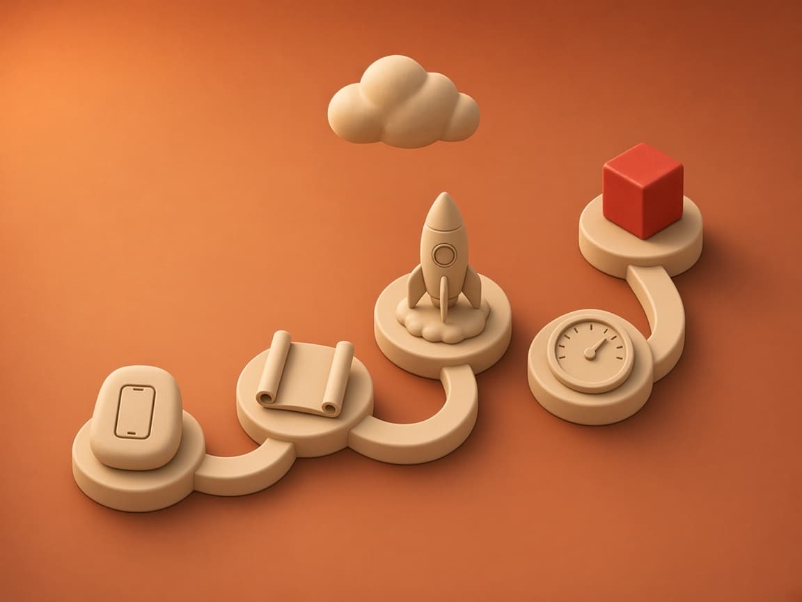 A four-step clay path past a phone, template scroll, rocket and dial ending at a glossy red cube