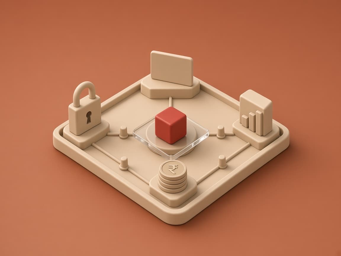 Clay rate cards and rupee coin stacks beside a clear tray holding a glossy red cube