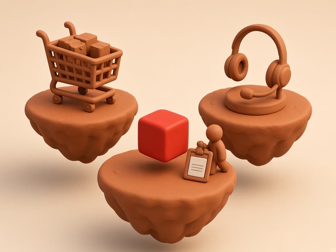 Three clay islands for commerce, support and HR around a glossy red cube
