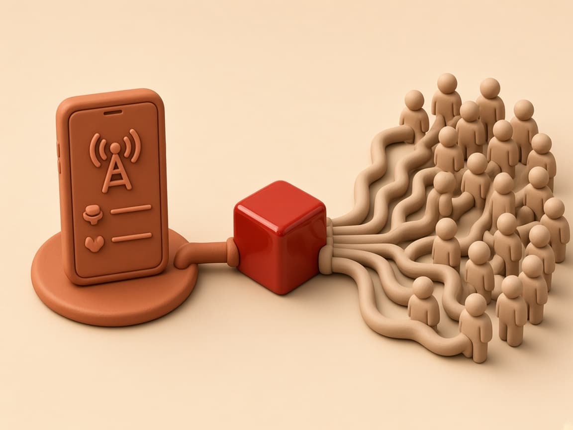 A small phone broadcast list on the left and a large API cloud of pipes feeding a glossy red cube on the right