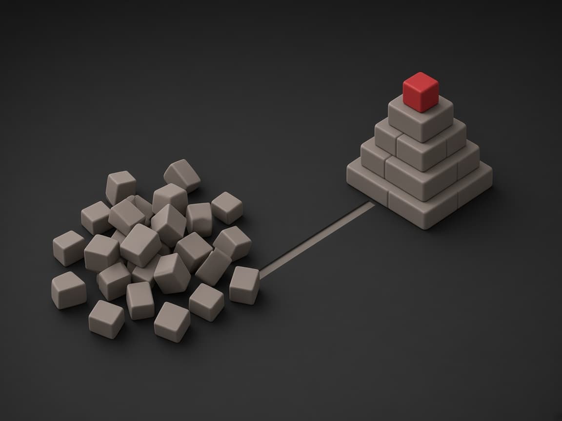 A messy pile of blocks connected by a path to a neat finished tower topped with a red cube: how ideas became impact
