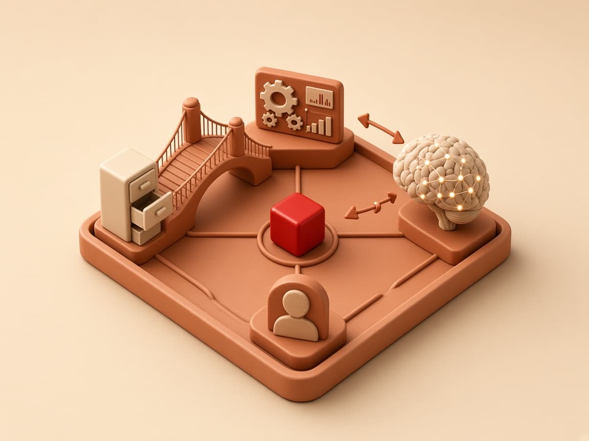 CRM module blocks, a migration bridge and an AI brain around a glossy red cube