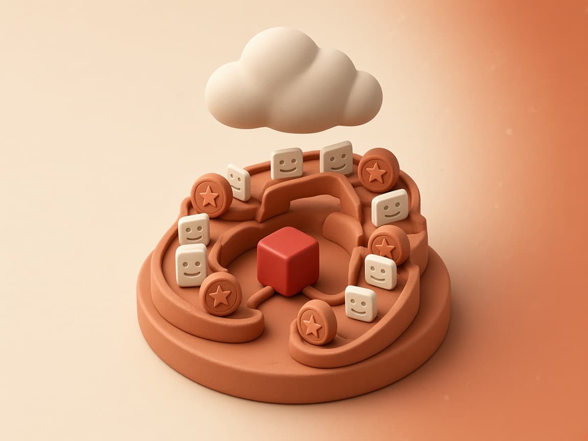 Clay sales pipeline stages and contact cards flowing into a glossy red cube on a round platform