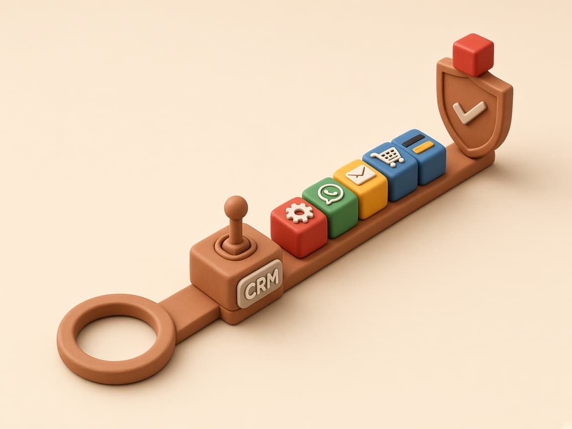ERP, WhatsApp, email, cart and payment blocks piped into a CRM hub with a glossy red cube