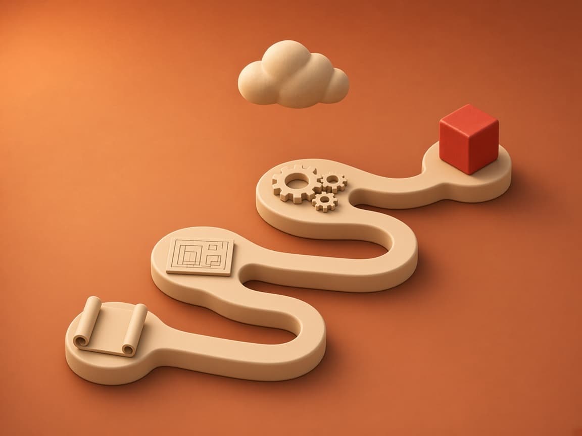 A four-step clay path past a scroll, blueprint, gears and cloud ending at a glossy red cube