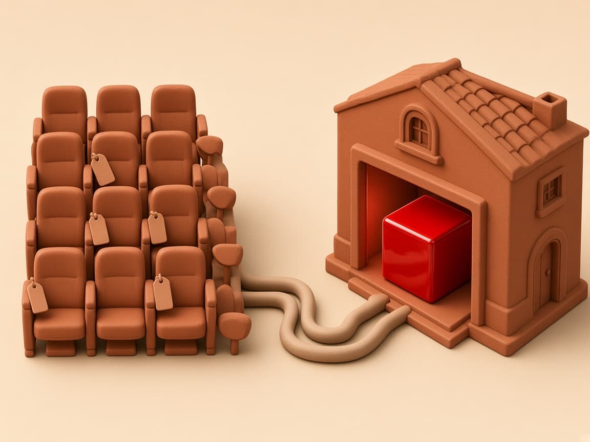 Subscription seat stacks on the left and an owned custom CRM building with a glossy red cube on the right