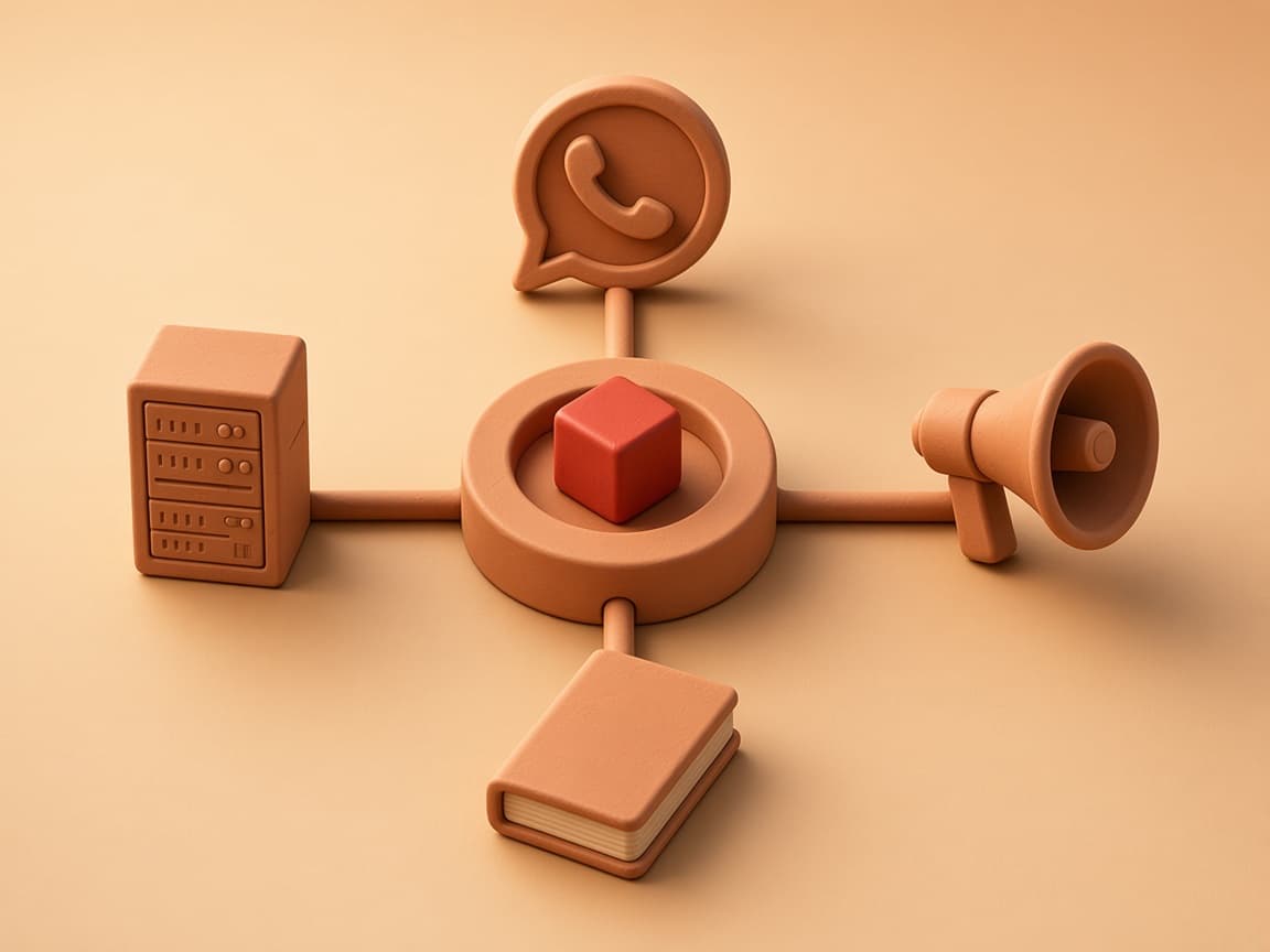 WhatsApp, ERP and marketing pipes connecting into a CRM hub topped with a glossy red cube