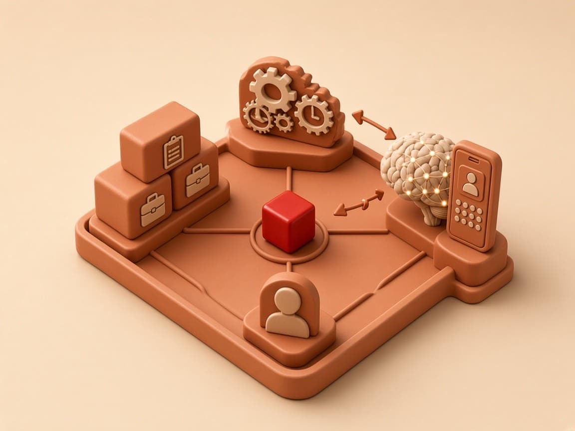 HR modules, payroll engine, mobile ESS and AI brain around a glossy red cube