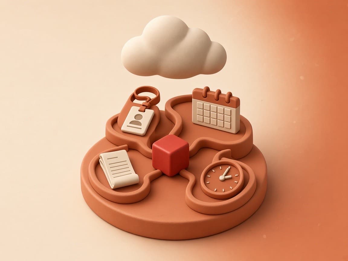 Employee badge, payslip, leave calendar and attendance clock flowing into a glossy red cube
