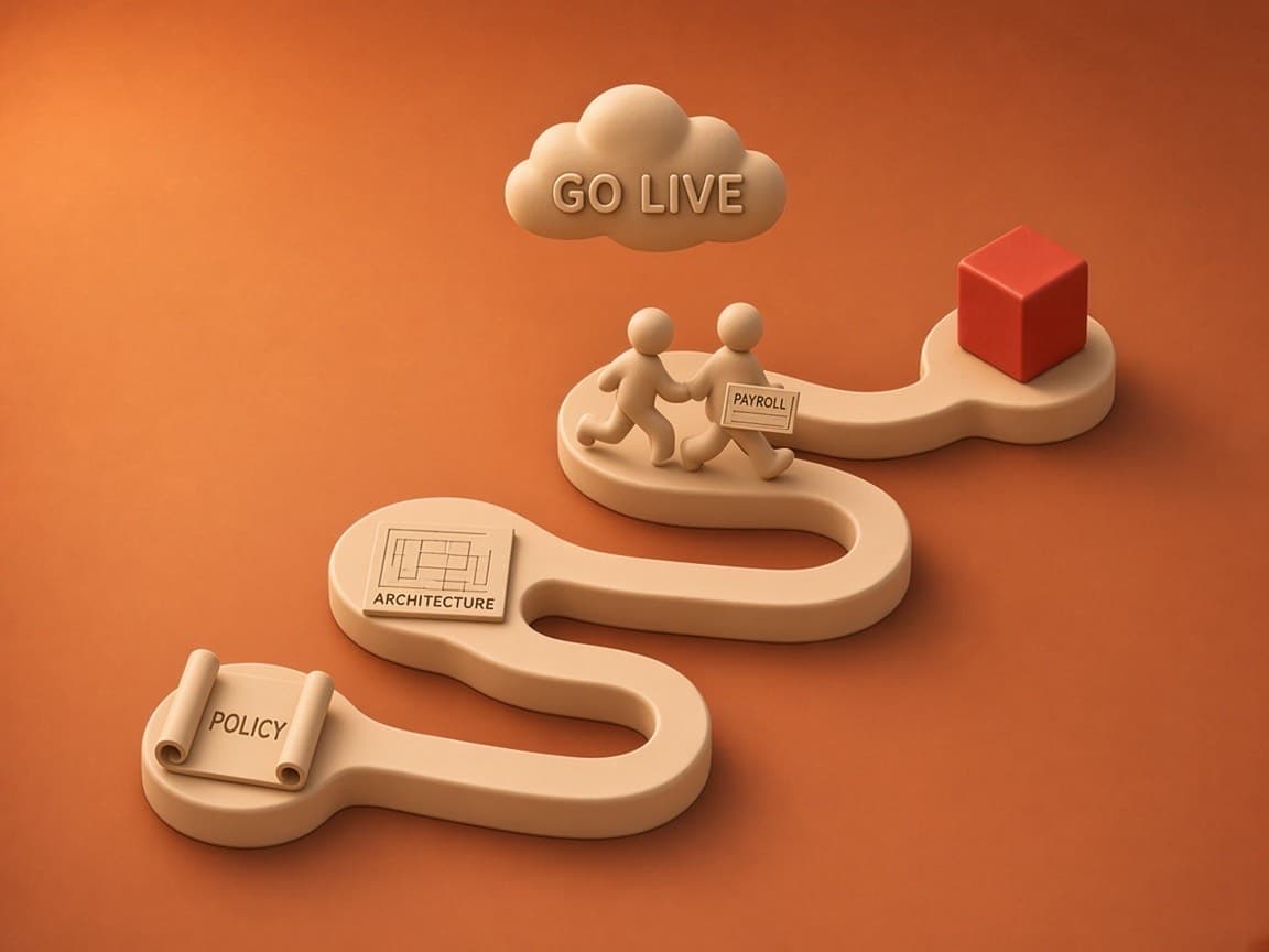 A four-step clay path past a scroll, blueprint, parallel runners and cloud ending at a glossy red cube