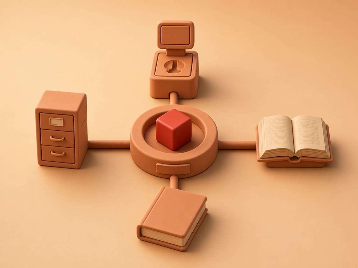 Biometric scanner, ledger and ERP pipes connecting into an HR hub topped with a glossy red cube