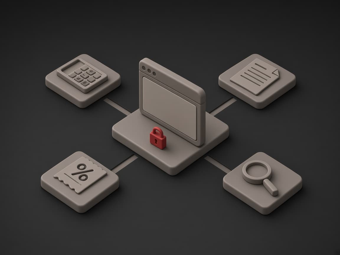 A browser window with a red padlock powering calculator, invoice, GST receipt and SEO magnifier tools: business work done privately in your browser
