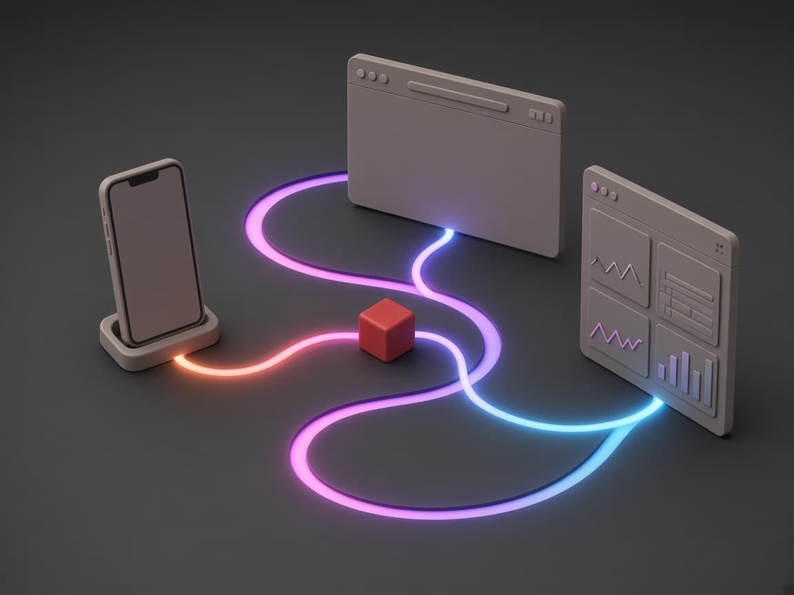 A phone, browser and dashboard linked by one path to a red cube