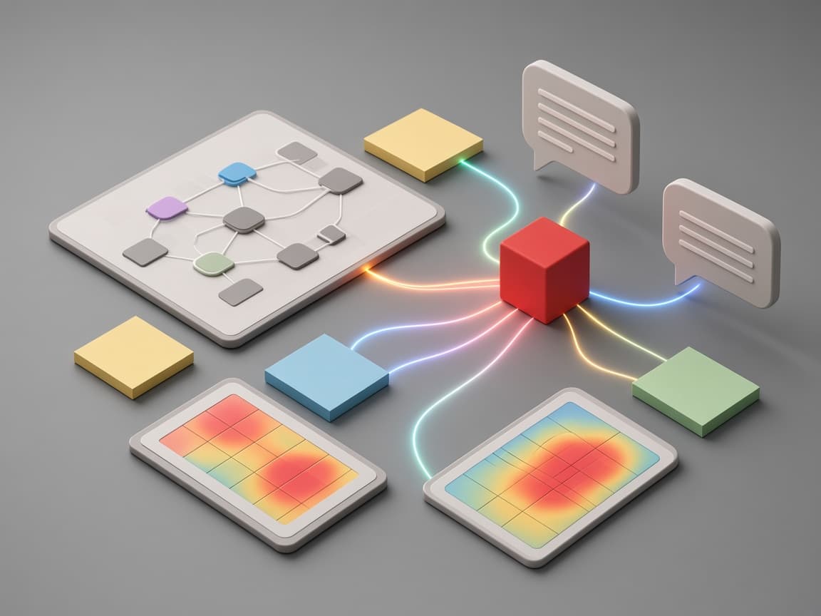 A journey map, heatmaps and interview bubbles linked by glowing paths to a red cube
