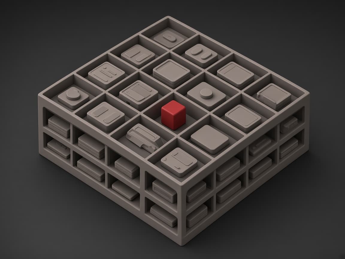 A component library grid locking into one system around a red cube