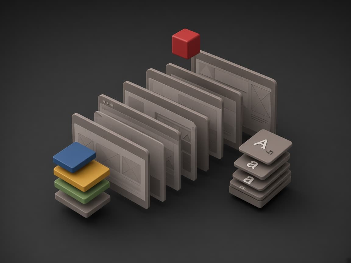 Exploded screens and design tokens stacking toward a red cube on top
