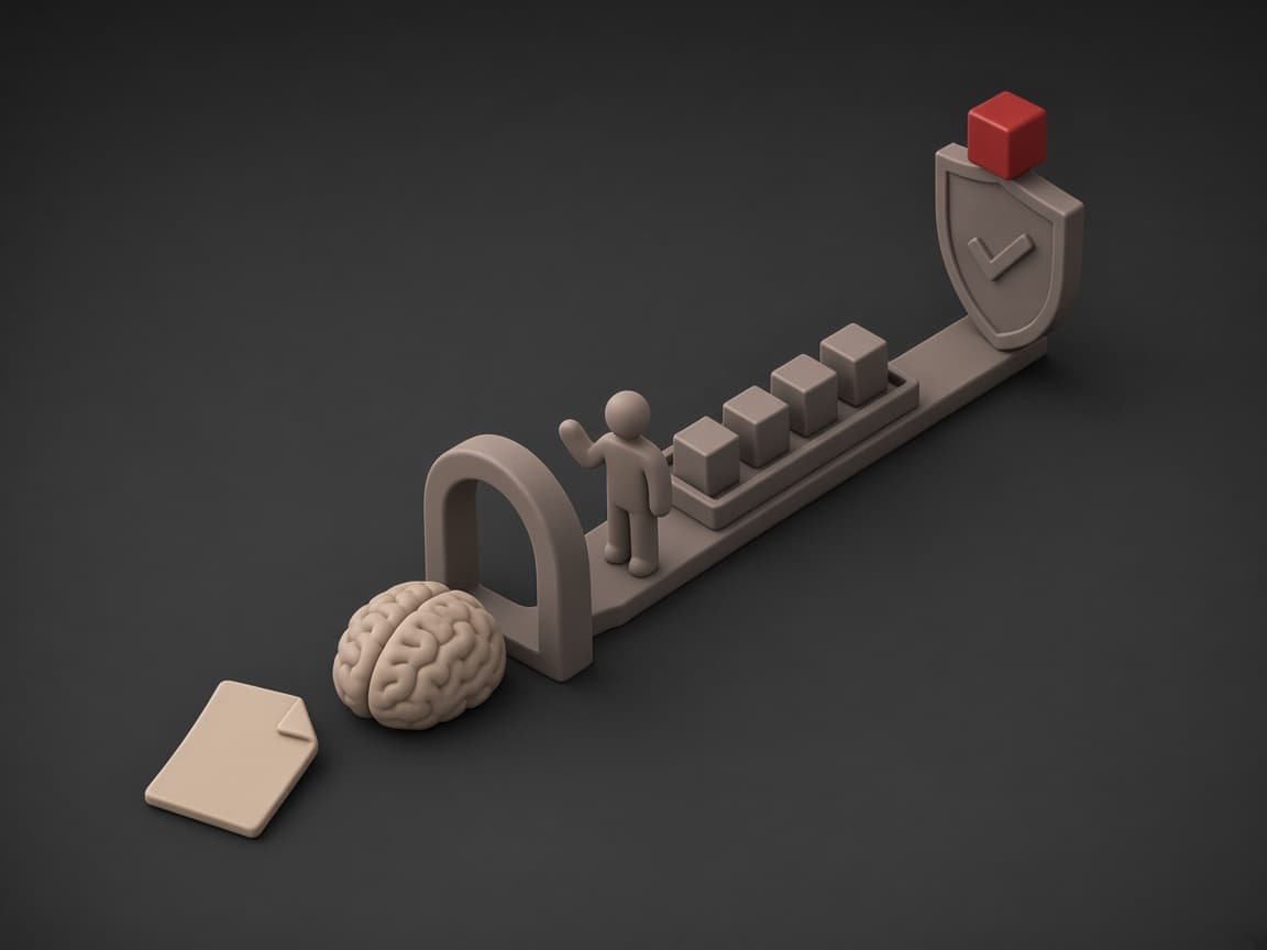 A document and clay brain lead through a human approval gate to a shield topped with a red cube