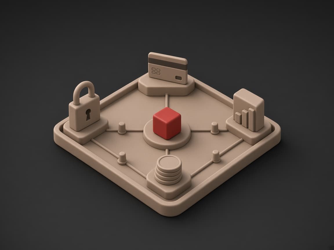 A clay platform with a padlock, payment card, chart and coin stacks linked by grooves to a central red cube