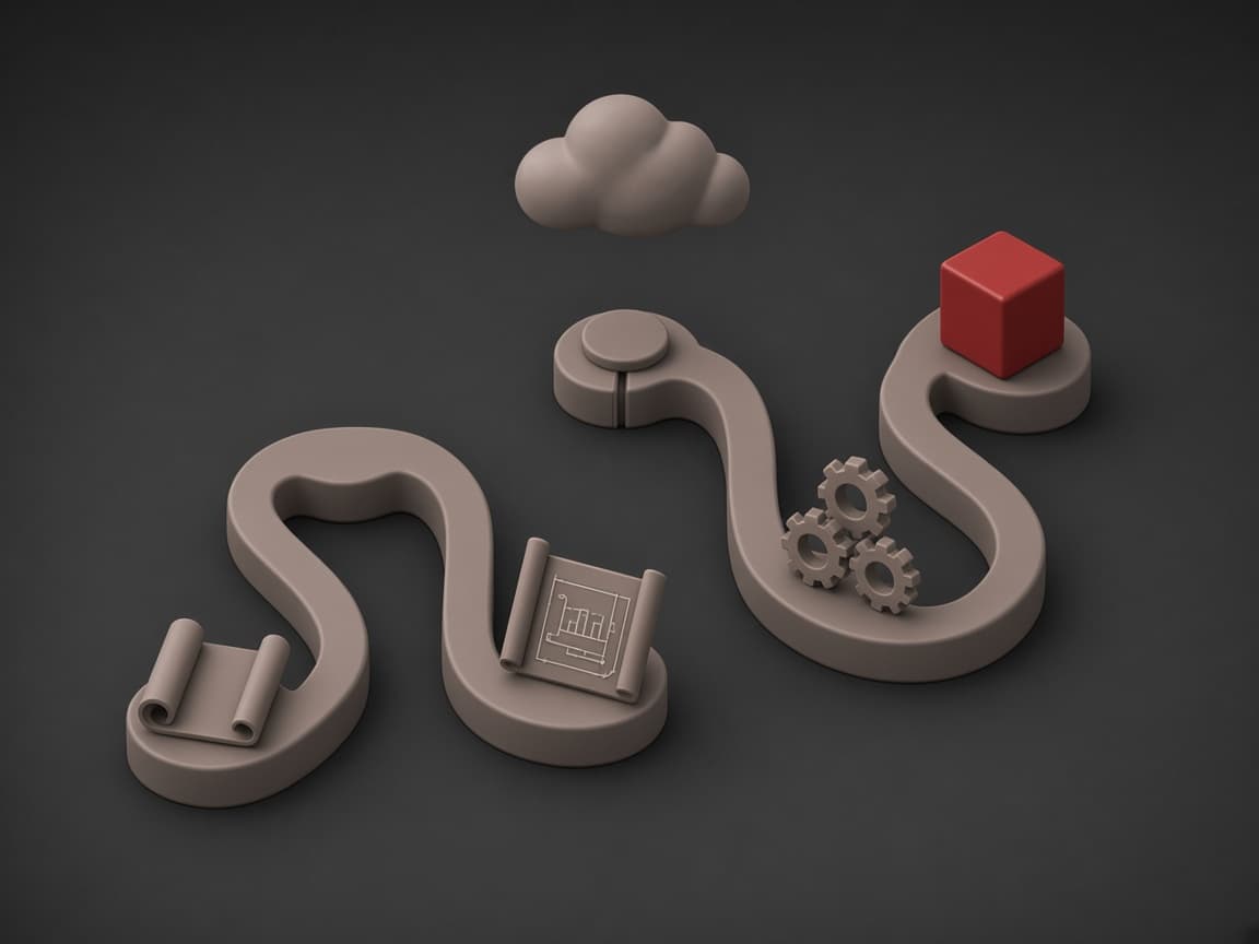 A winding path past a scroll, blueprint and gears ending at a red cube under a clay cloud
