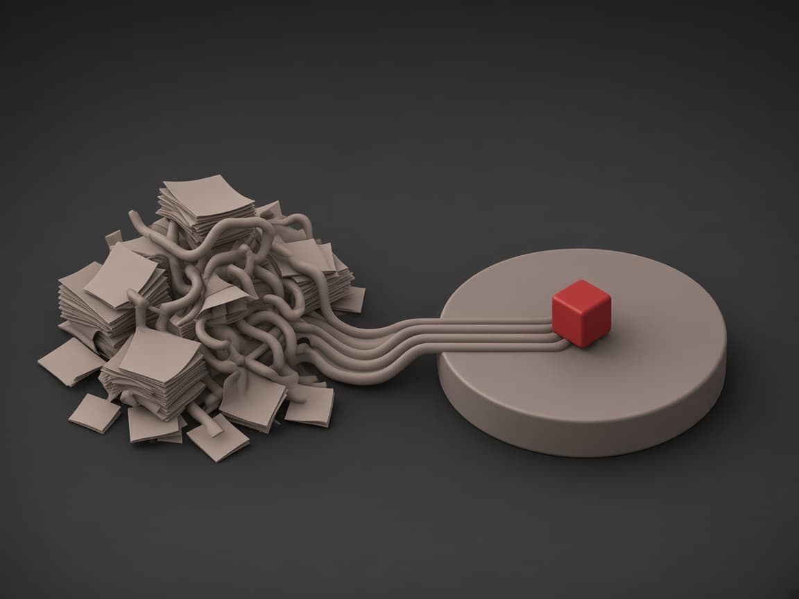Tangled papers and pipes on the left straighten into orderly grooves that meet a red cube on a round platform