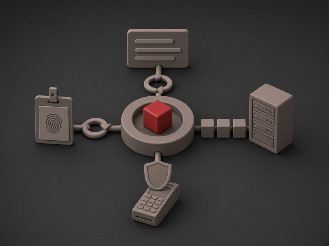 A document, fingerprint badge, server rack and keypad linked through sync loops to a red cube hub