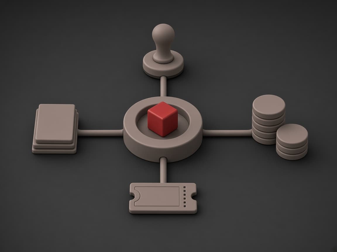A stamp, documents, coin stacks and a ticket piped into a hub holding a red cube