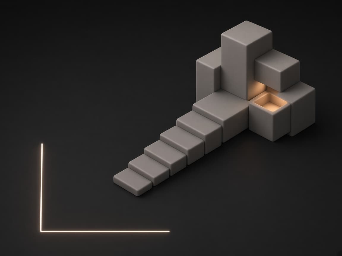 A red idea cube climbs a stepped path and slots into the missing block of a structure, completing it: LasMind turns ideas into impact