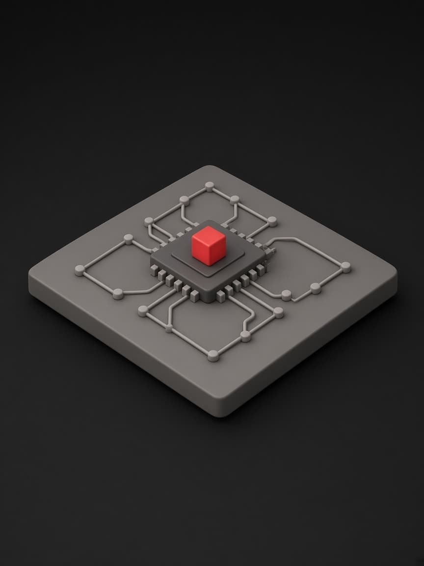 A microchip with branching neural connections and a red cube at its centre
