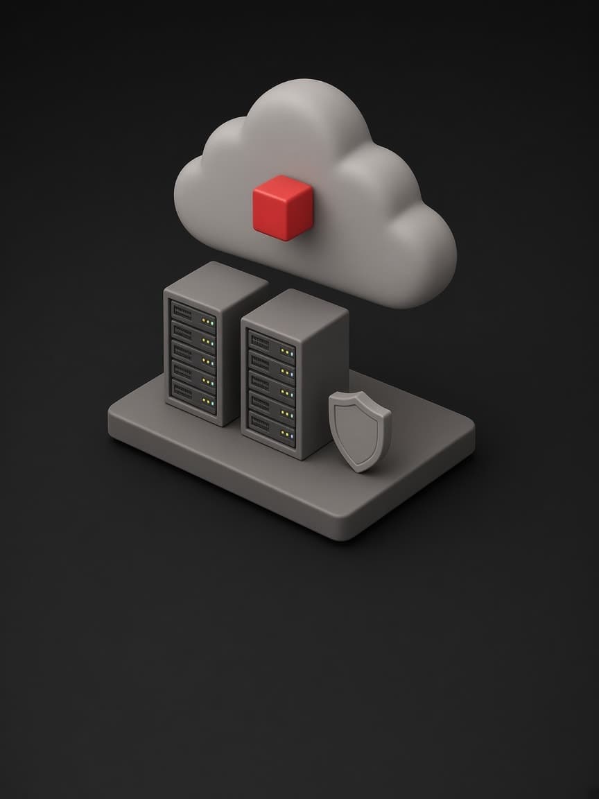 A cloud holding a red cube above two server racks and a security shield