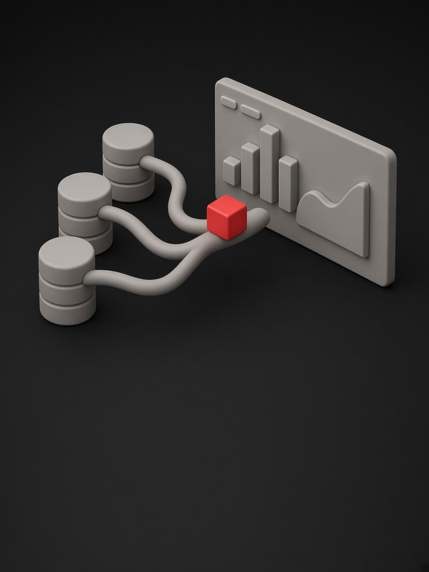 Databases piping data, carried as a red cube, into an analytics dashboard