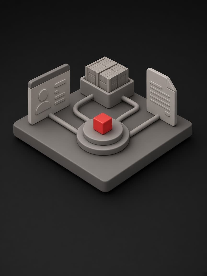 A contact card, stock crates and a document linked by pipes into one hub holding a red cube