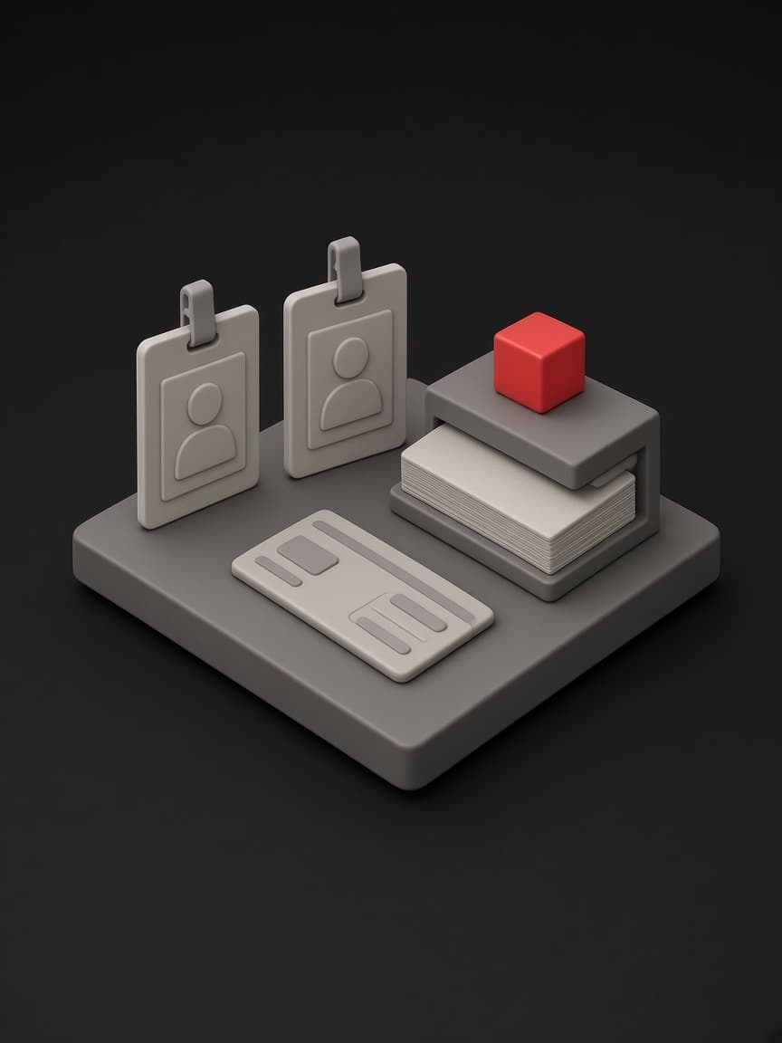 Employee ID badges, a payslip card and a stack of records topped with a red cube